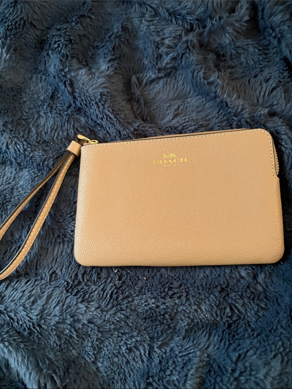 Coach Tan Pebbled Leather Wristlet with Gold Accent